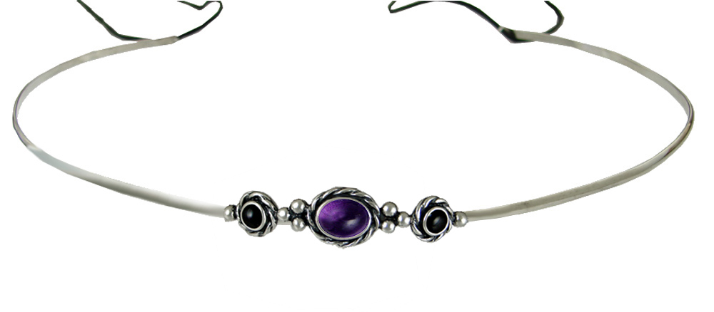 Sterling Silver Renaissance Style Exquisite Headpiece Circlet Tiara With Amethyst And Black Onyx
